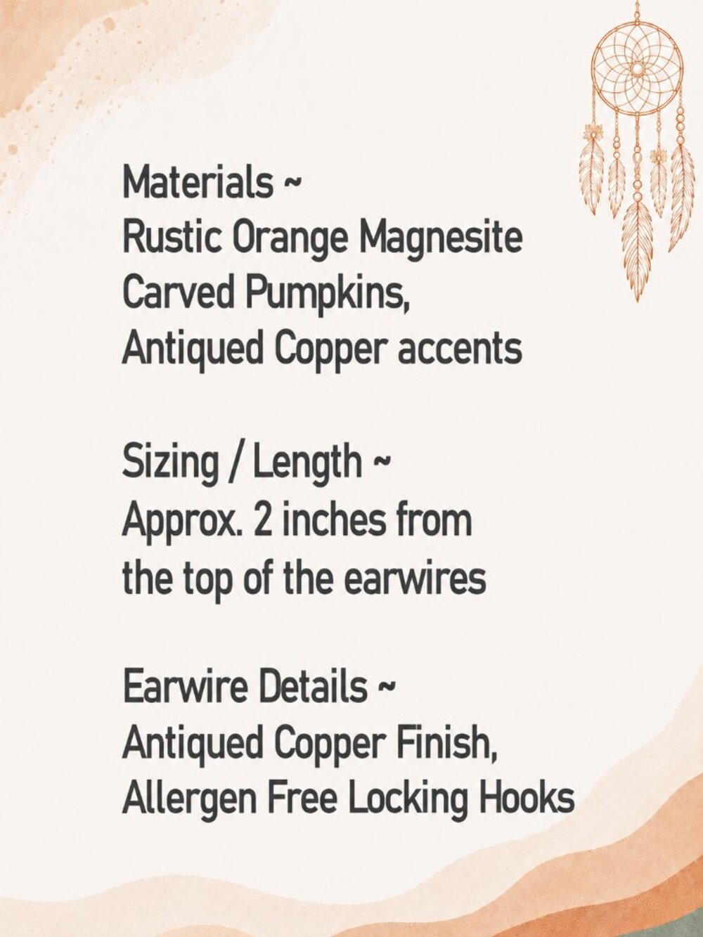 Pumpkin Earrings Fall Autumn Boho Dangle Handmade Copper Orange Stone Earrings - Picture 3 of 10
